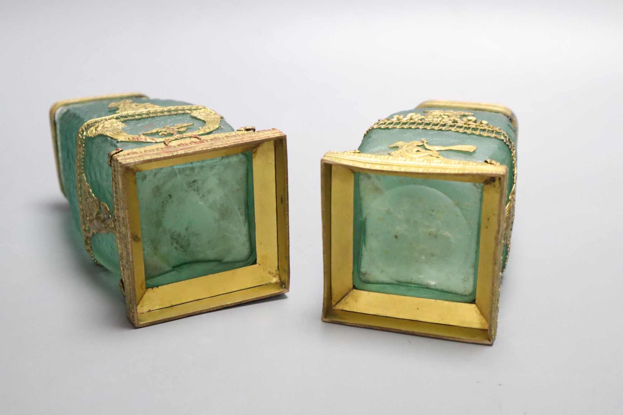 A pair of 19th century French acid-etched emerald green cameo glass vases, H 15cm